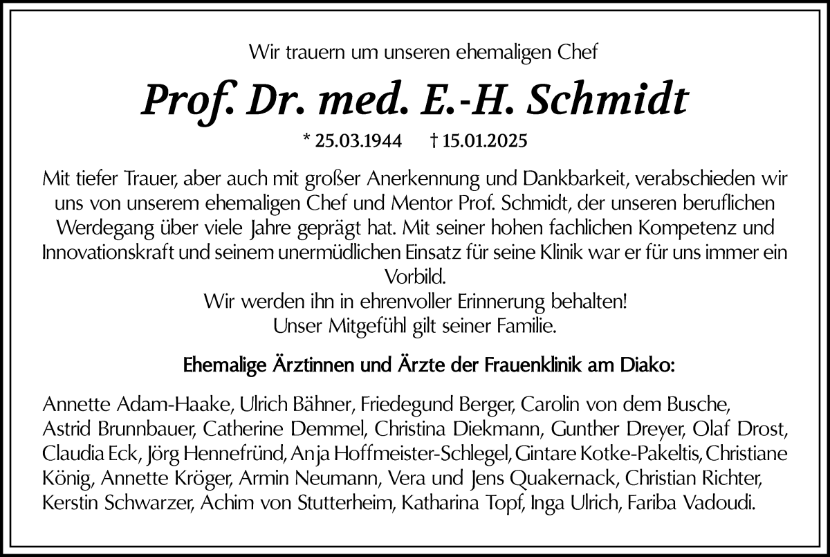 Traueranzeige von Prof. Dr. med. E.-H-. Schmidt von WESER-KURIER