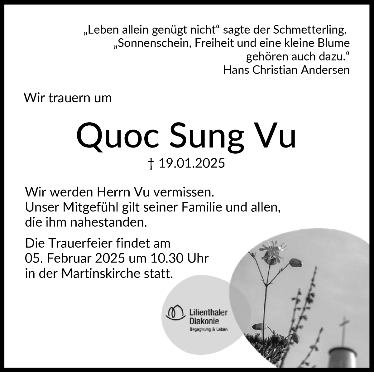 Traueranzeige von Quoc Sung Vu von Wuemme Zeitung