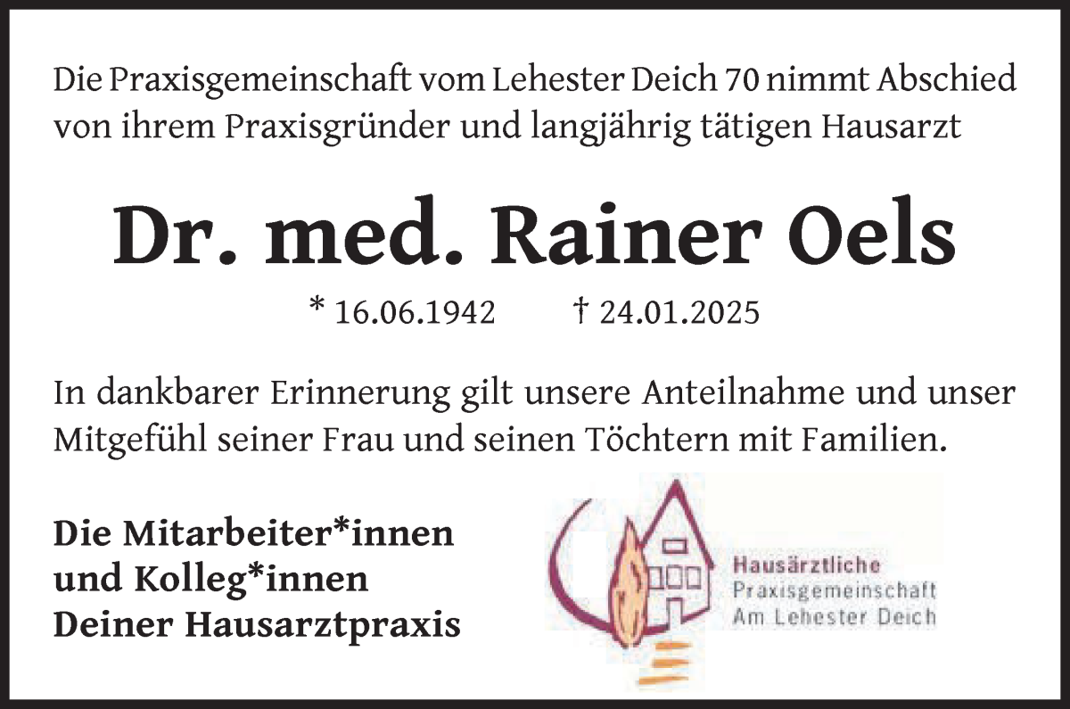 Traueranzeige von Rainer Oels von WESER-KURIER