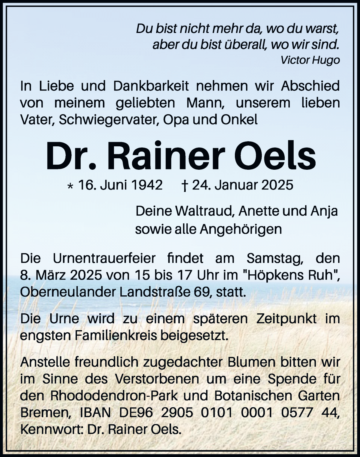 Traueranzeige von Rainer Oels von WESER-KURIER
