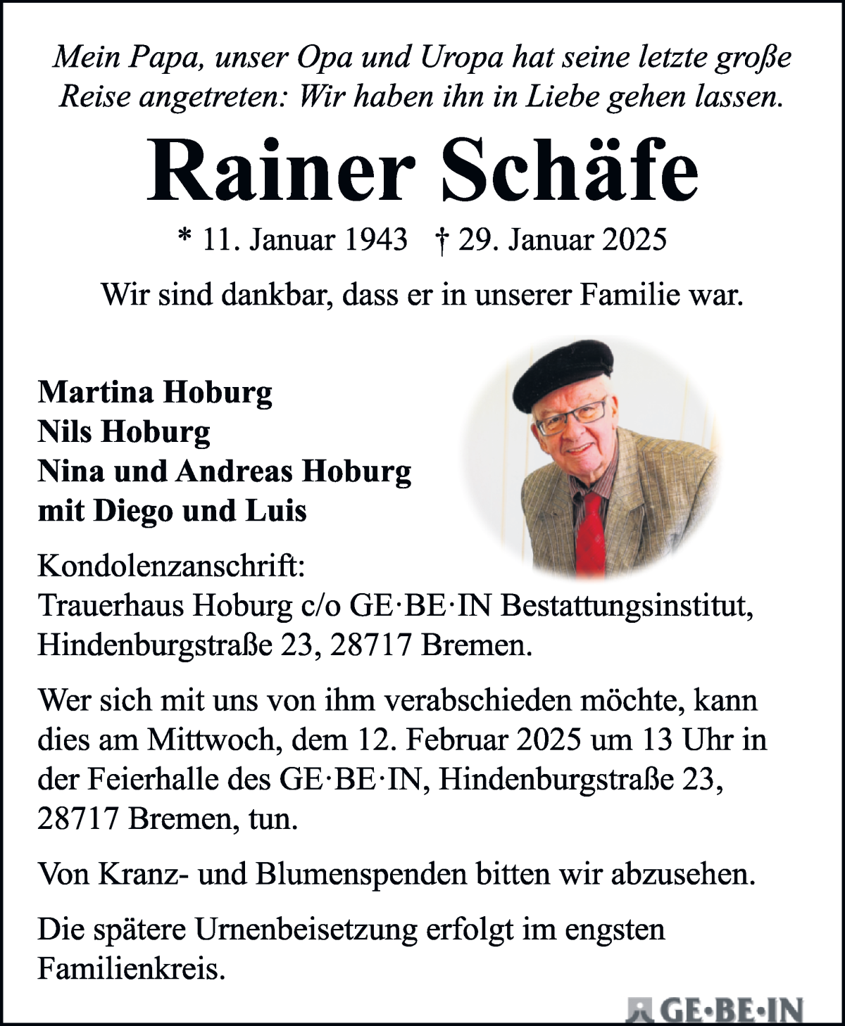 Traueranzeige von Rainer Schäfe von Die Norddeutsche