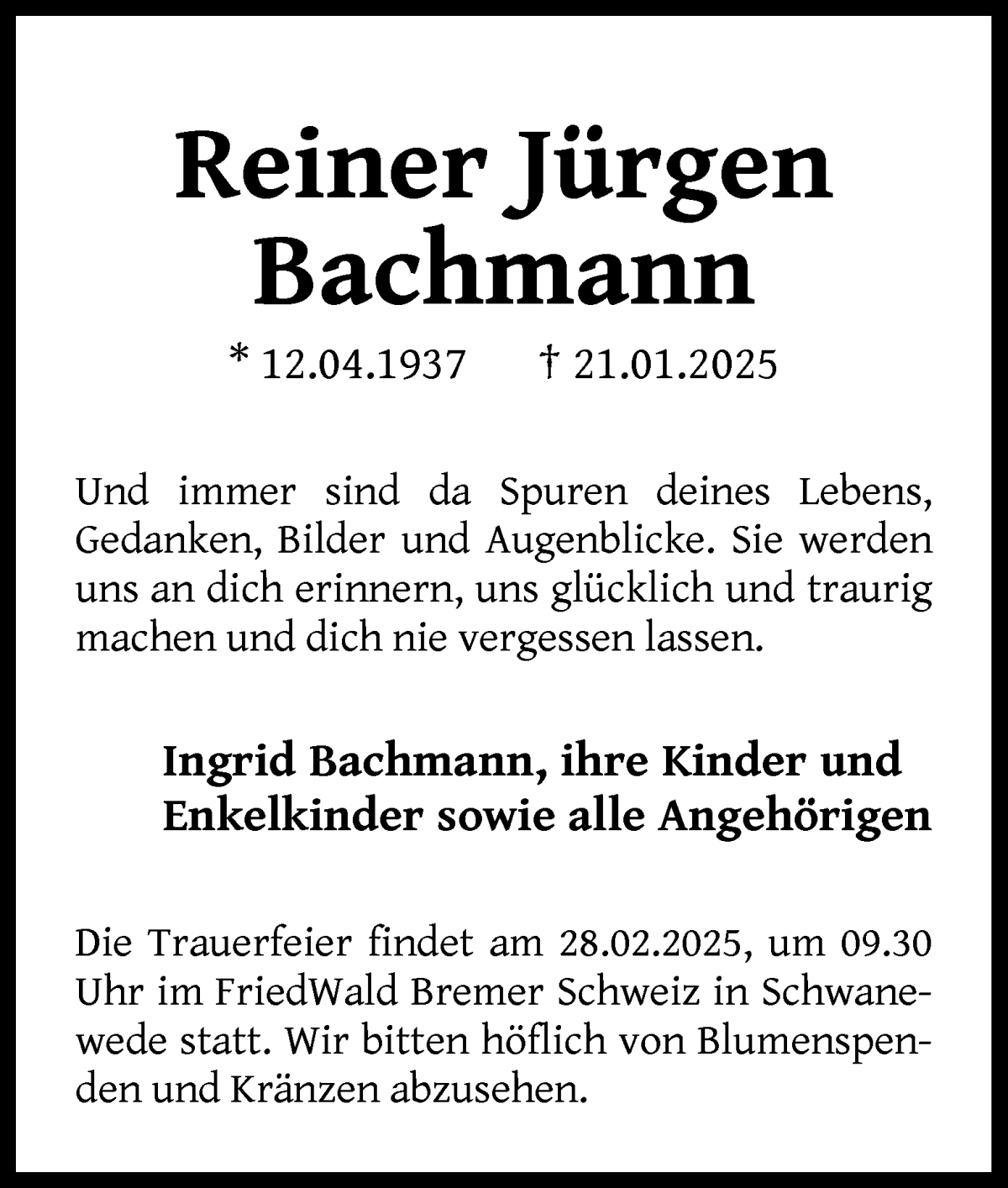 Traueranzeige von Reiner Jürgen Bachmann von WESER-KURIER