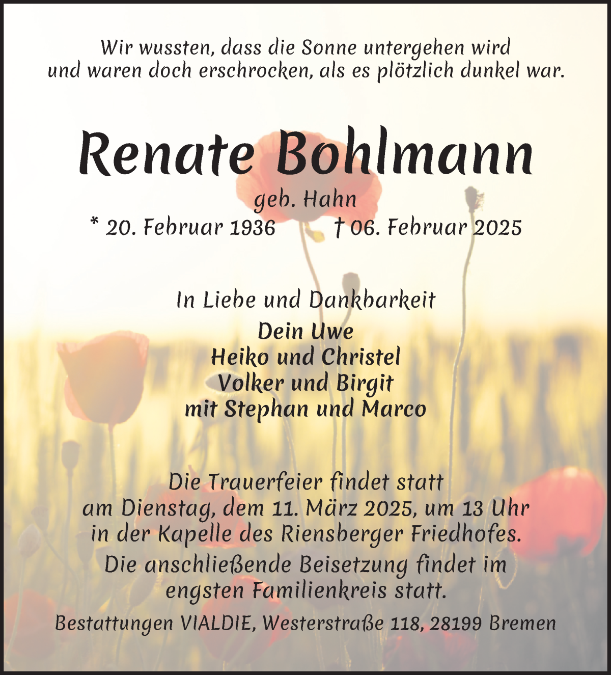 Traueranzeige von Renate Bohlmann von WESER-KURIER