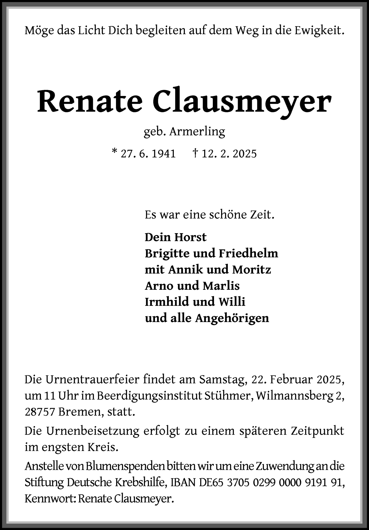 Traueranzeige von Renate Clausmeyer von Die Norddeutsche