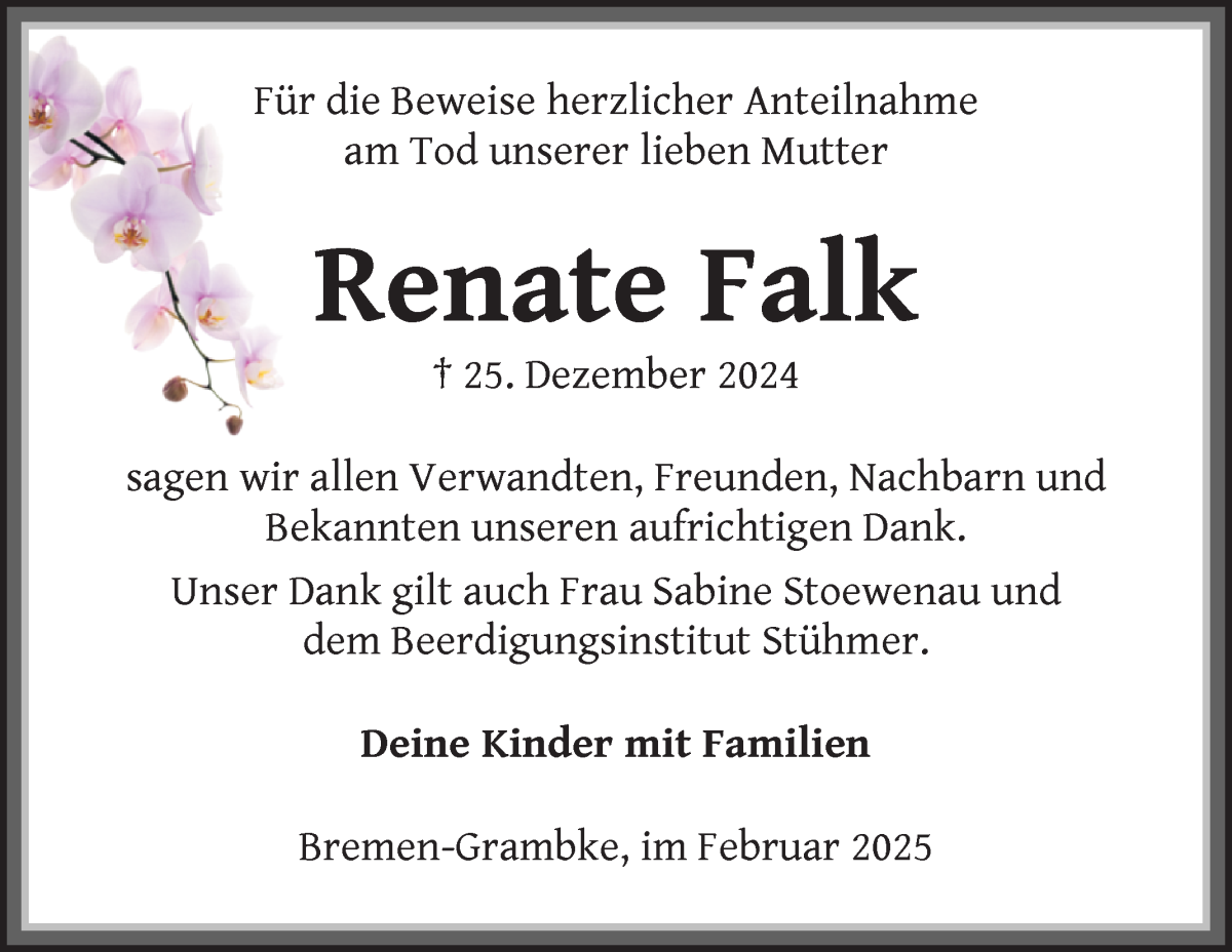 Traueranzeige von Renate Falk von WESER-KURIER
