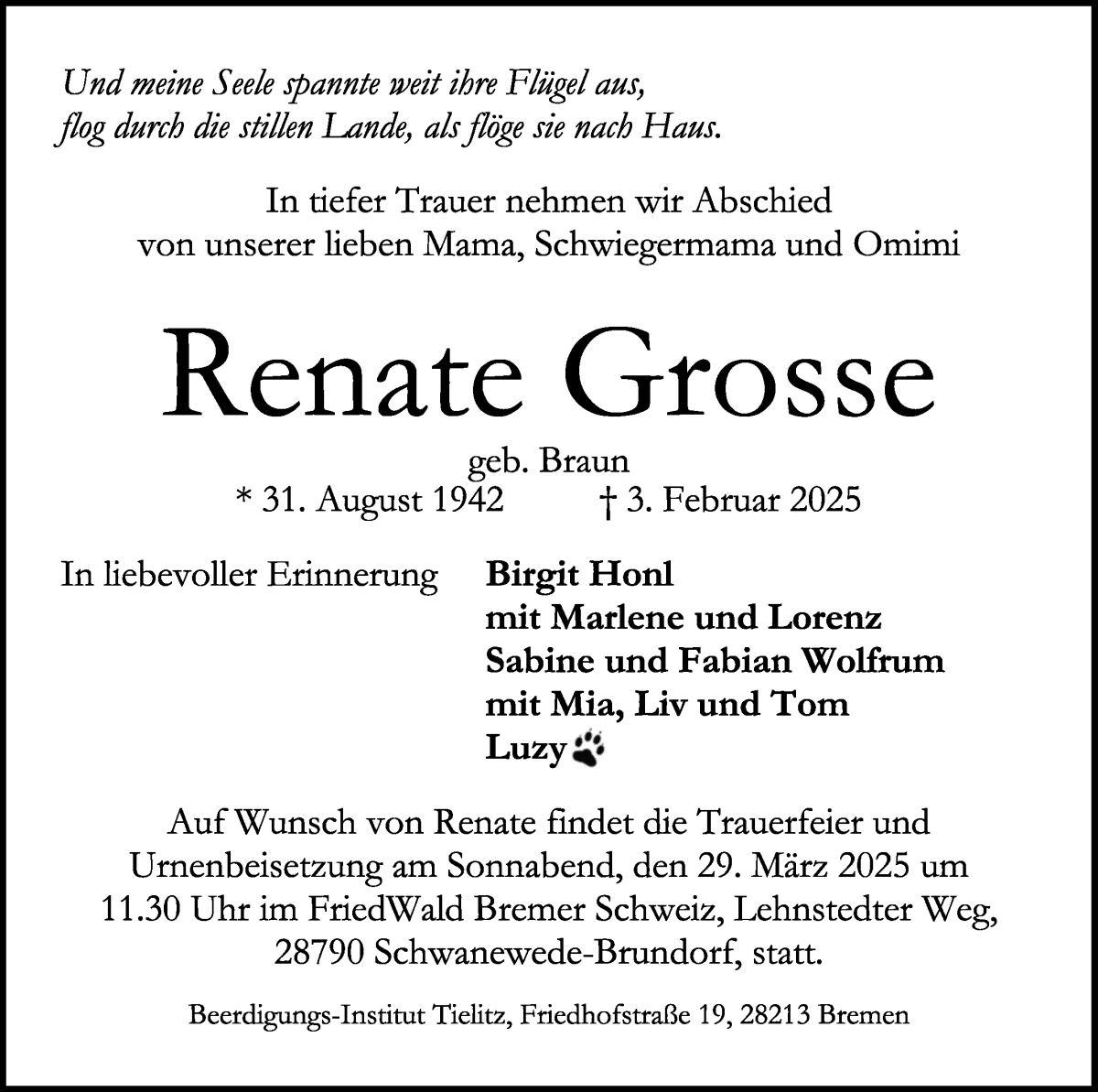 Traueranzeige von Renate Grosse von WESER-KURIER