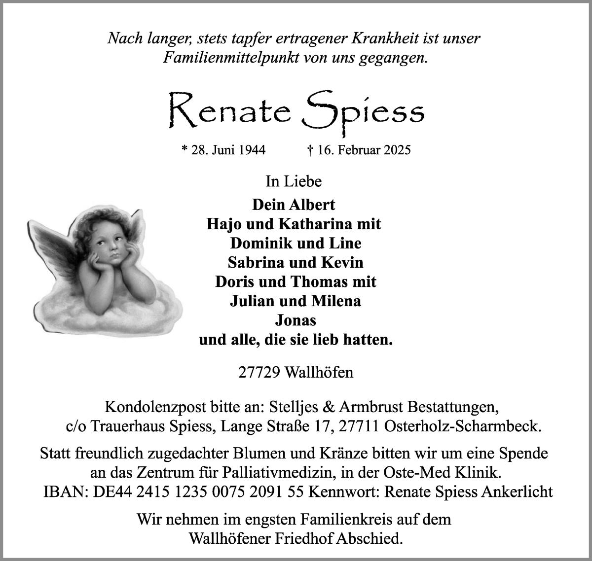 Traueranzeige von Renate Spiess von Osterholzer Kreisblatt