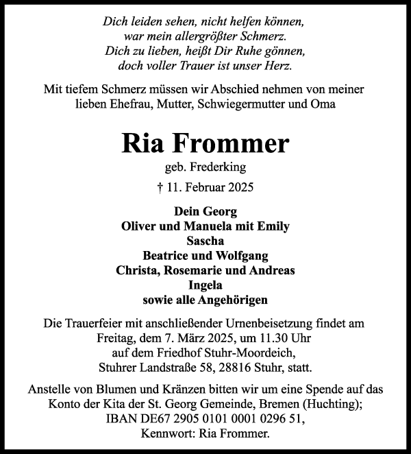Traueranzeige von Ria Frommer von WESER-KURIER