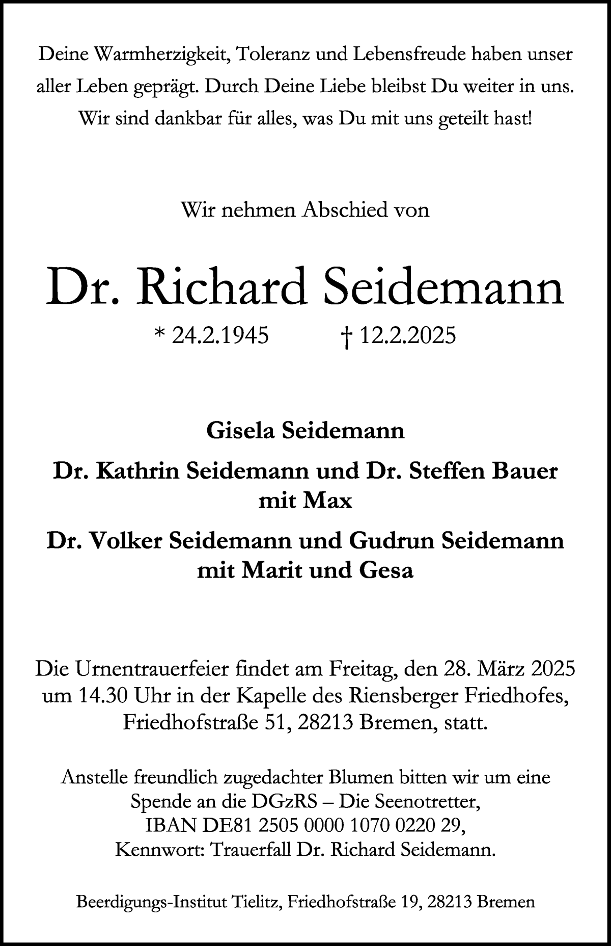Traueranzeige von Richard Seidemann von WESER-KURIER