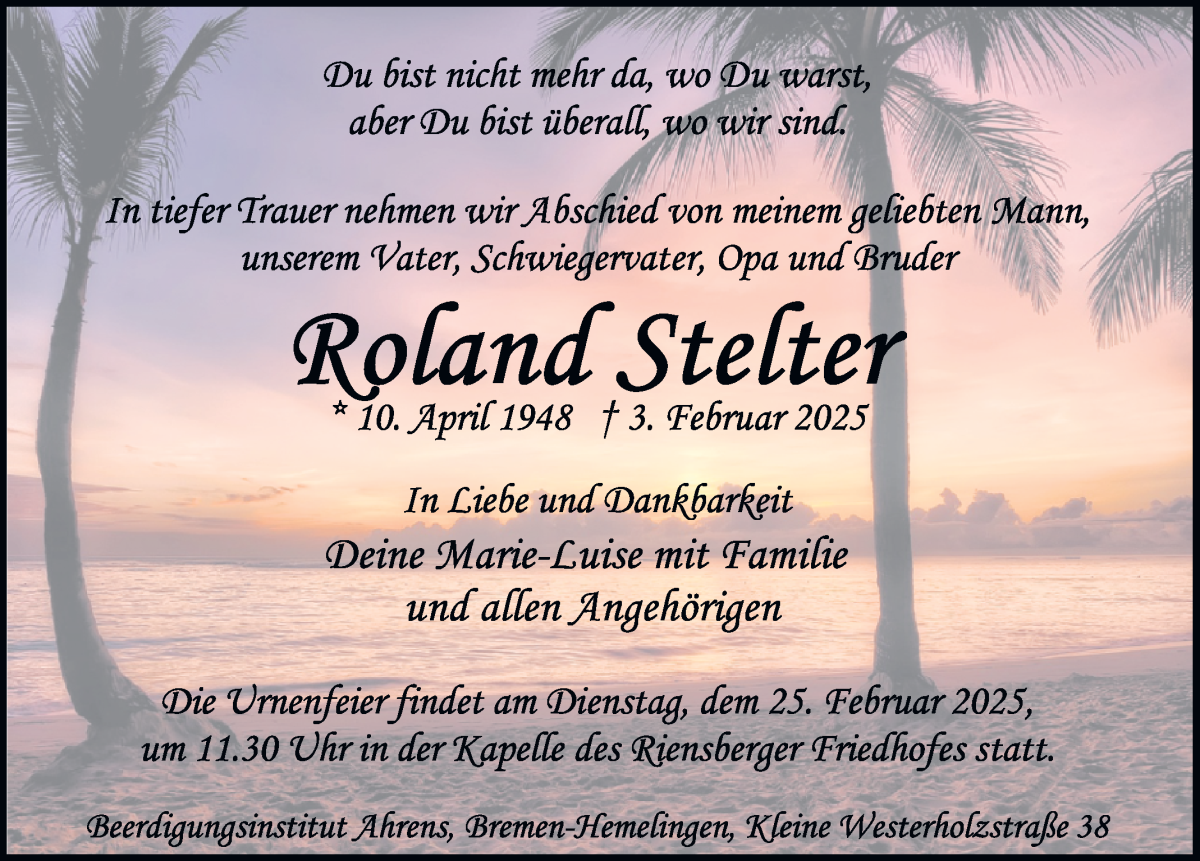 Traueranzeige von Roland  Stelter von WESER-KURIER