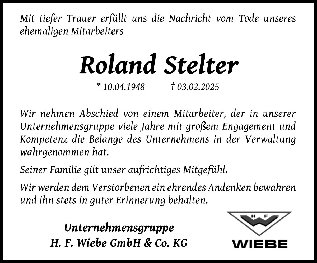 Traueranzeige von Roland  Stelter von WESER-KURIER