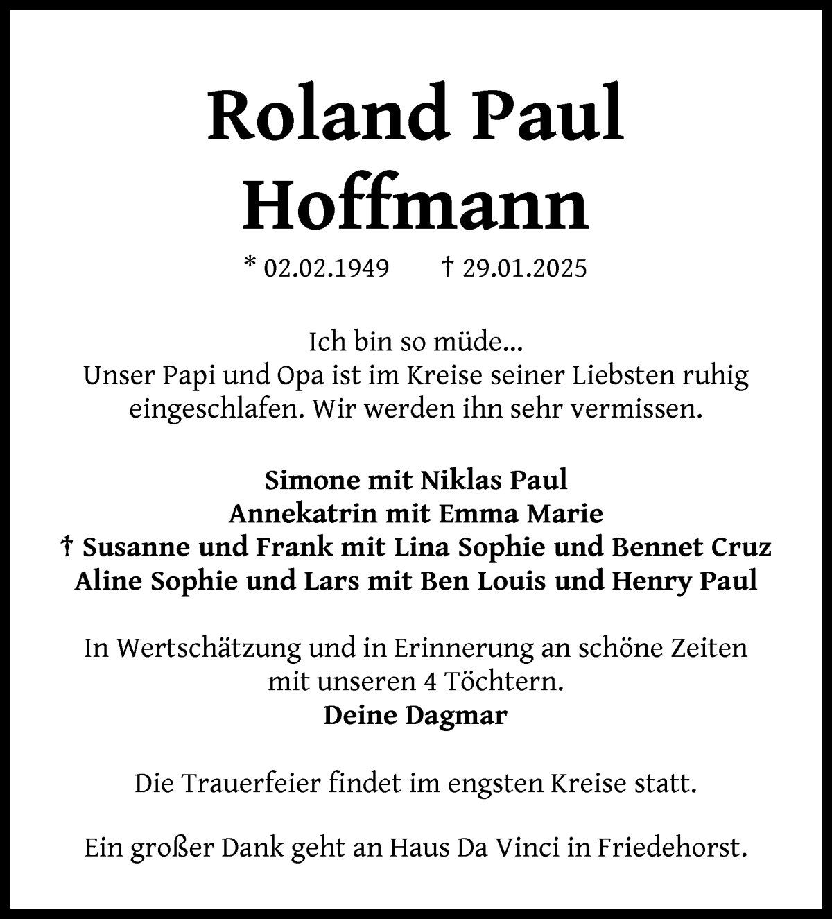 Traueranzeige von Roland Paul Hoffmann von WESER-KURIER