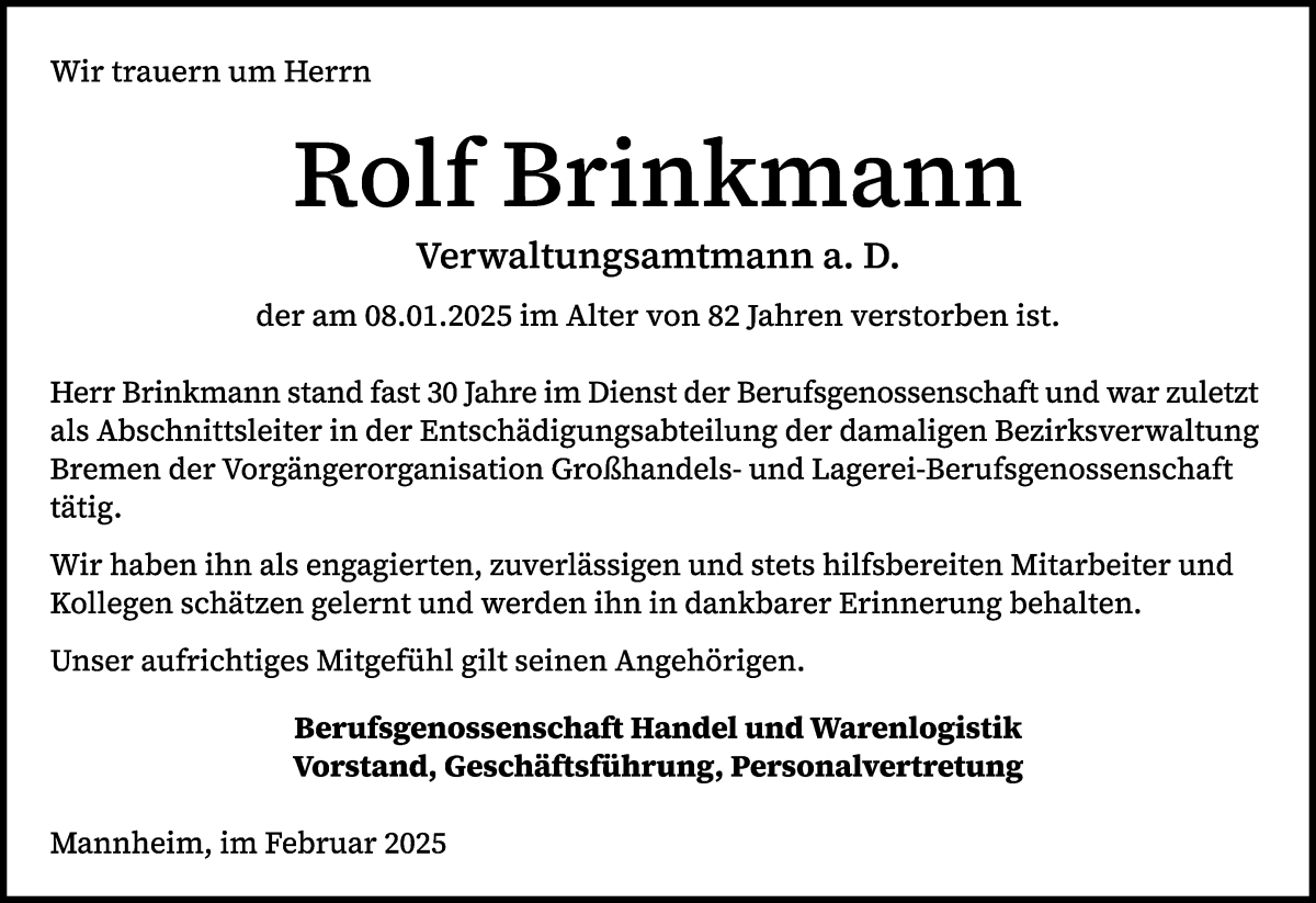 Traueranzeige von Rolf Brinkmann von WESER-KURIER