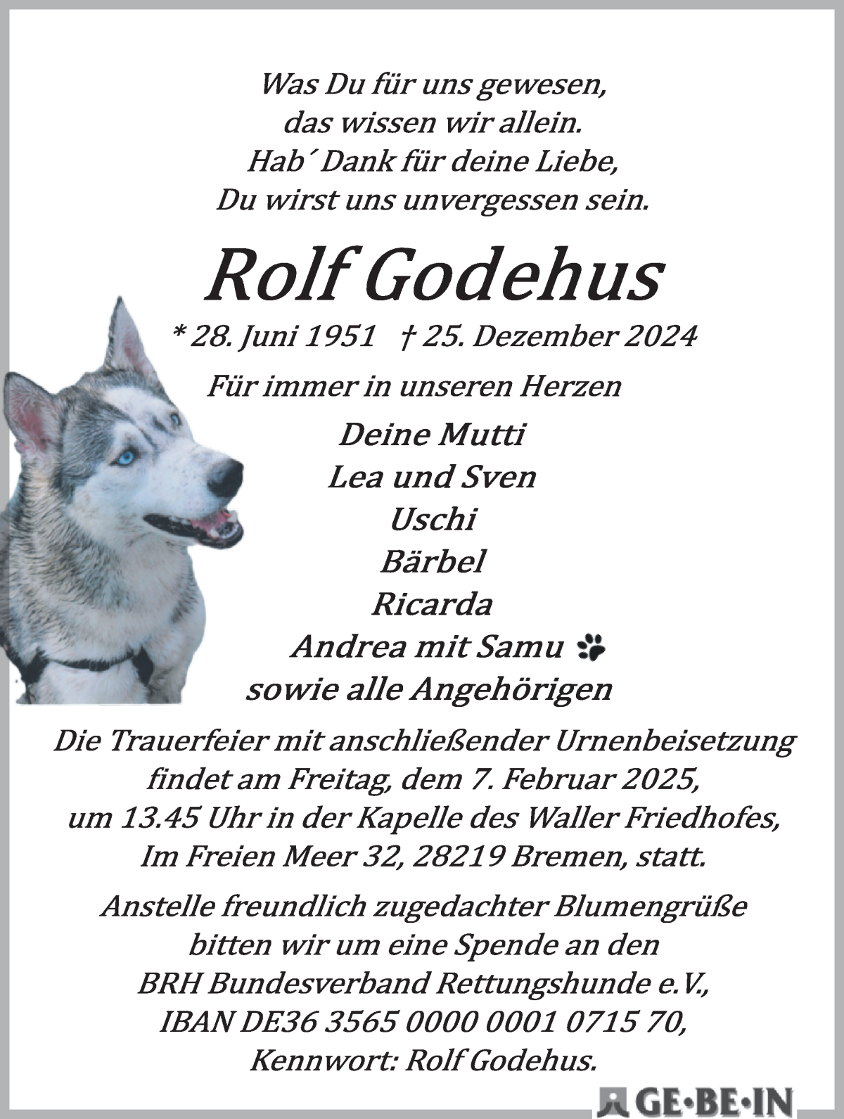 Traueranzeige von Rolf Godehus von WESER-KURIER