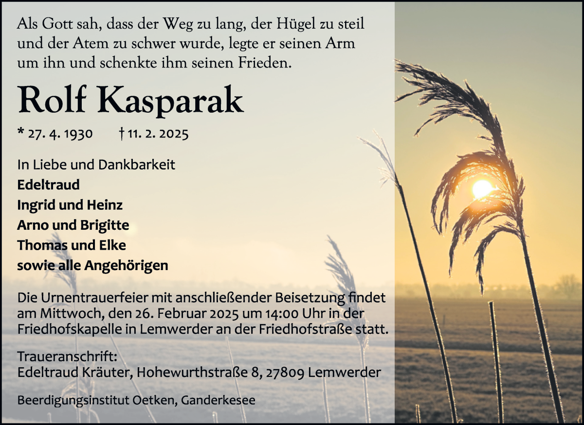 Traueranzeige von Rolf Kasparak von Die Norddeutsche