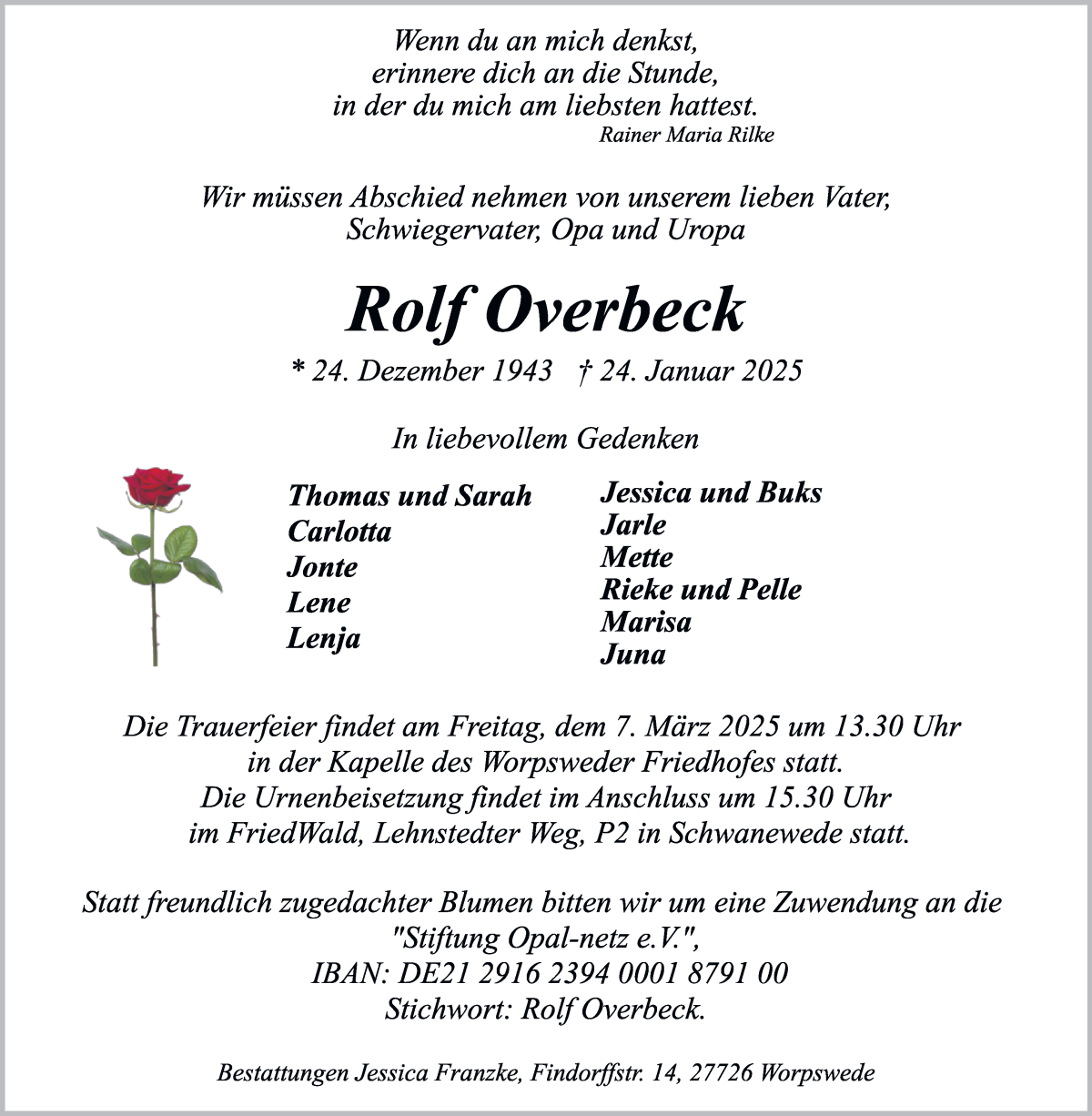 Traueranzeige von Rolf Overbeck von Wuemme Zeitung