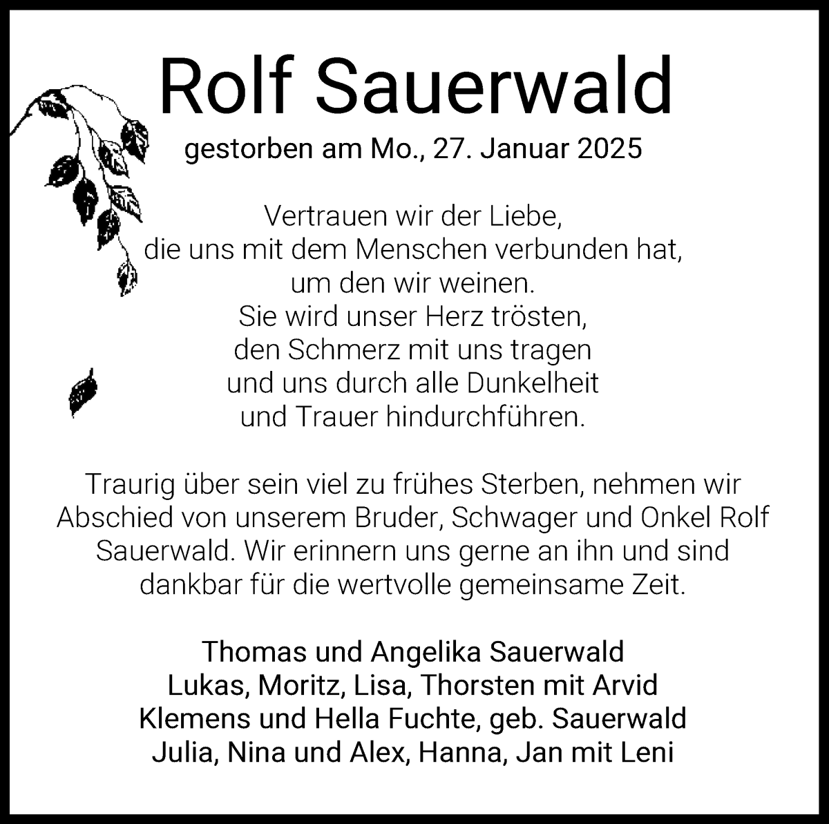 Traueranzeige von Rolf Sauerwald von WESER-KURIER