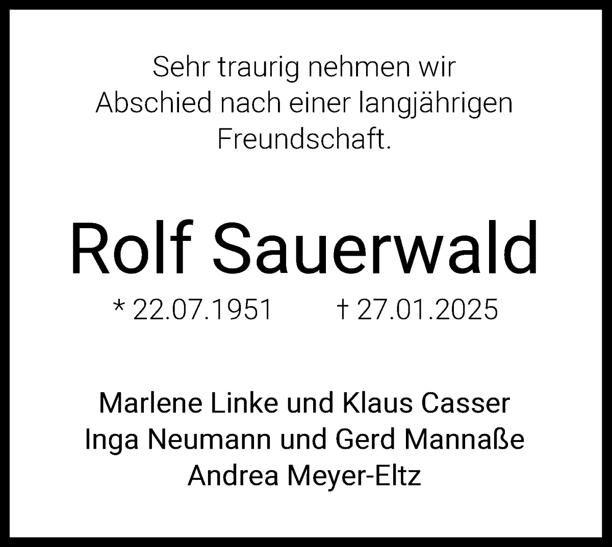 Traueranzeige von Rolf Sauerwald von WESER-KURIER