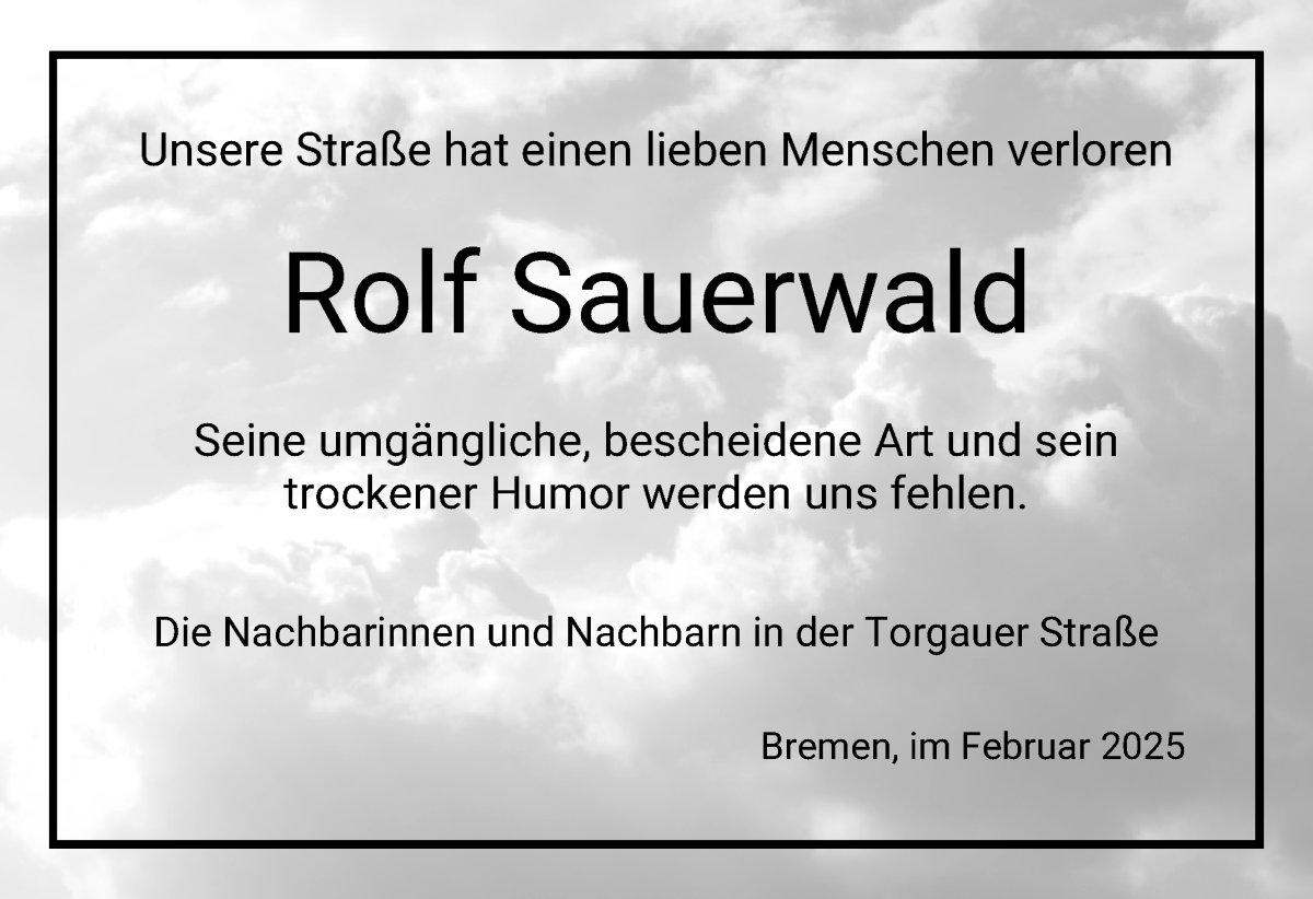 Traueranzeige von Rolf Sauerwald von WESER-KURIER