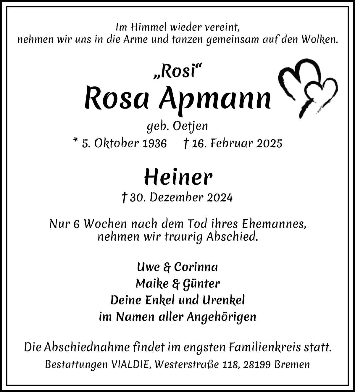 Traueranzeige von Rosa und Heiner Apmann von WESER-KURIER