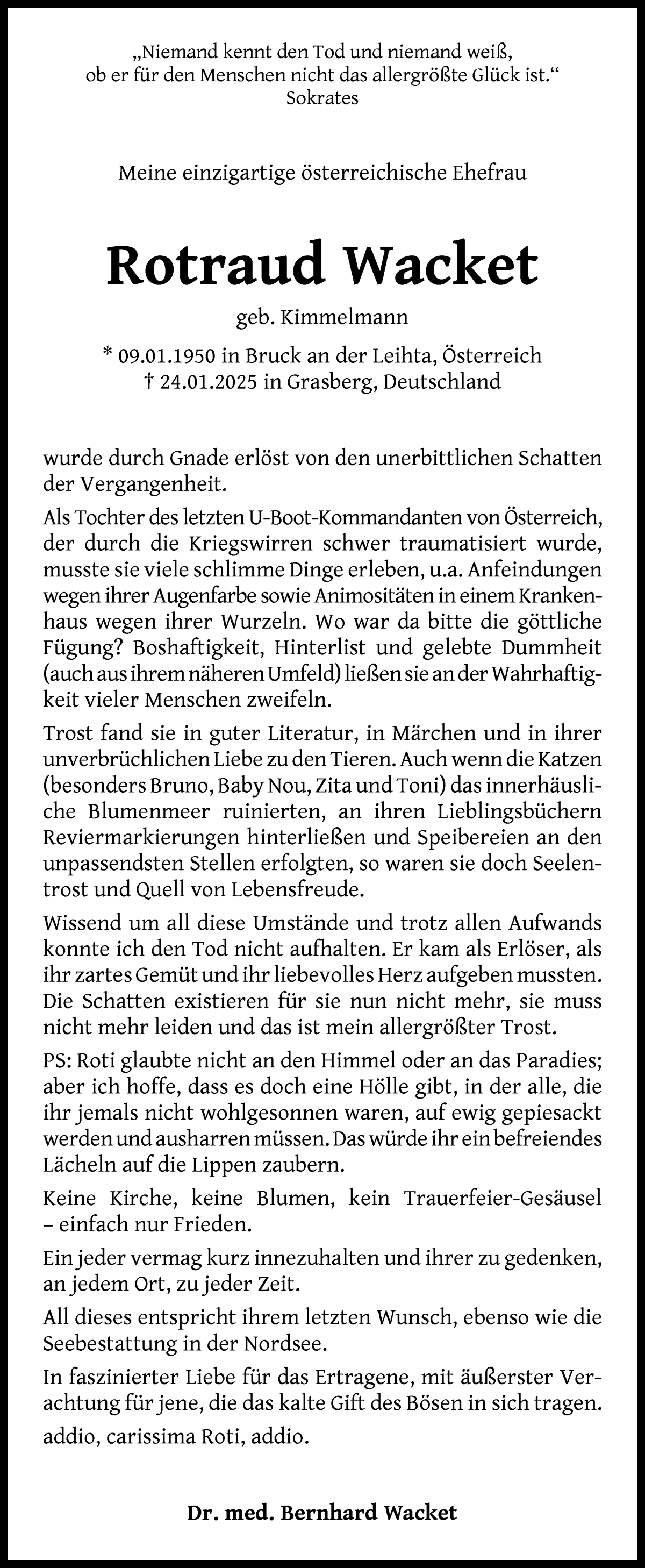 Traueranzeige von Rotraud Wacket von WESER-KURIER