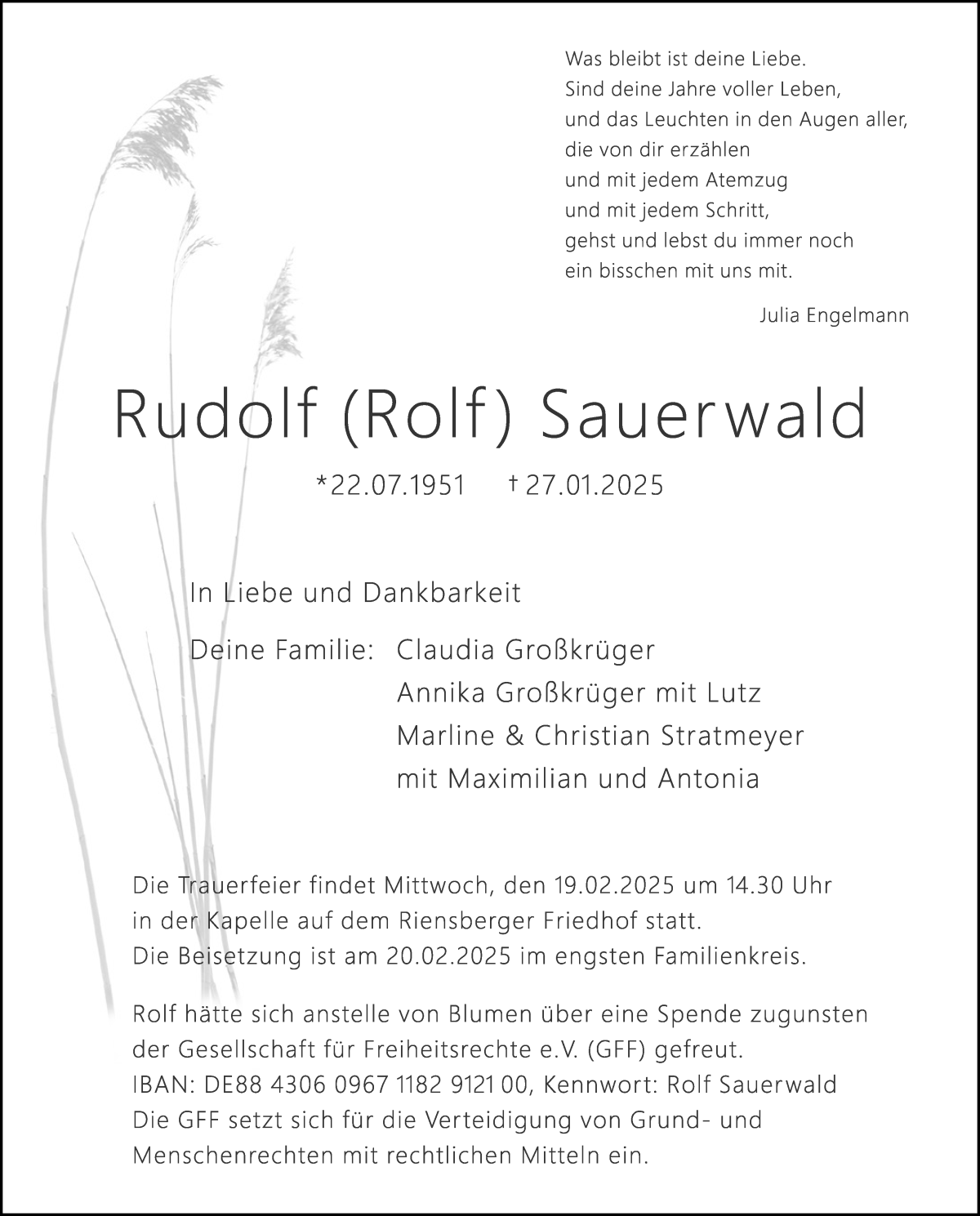 Traueranzeige von Rudolf (Rolf) Sauerwald von WESER-KURIER