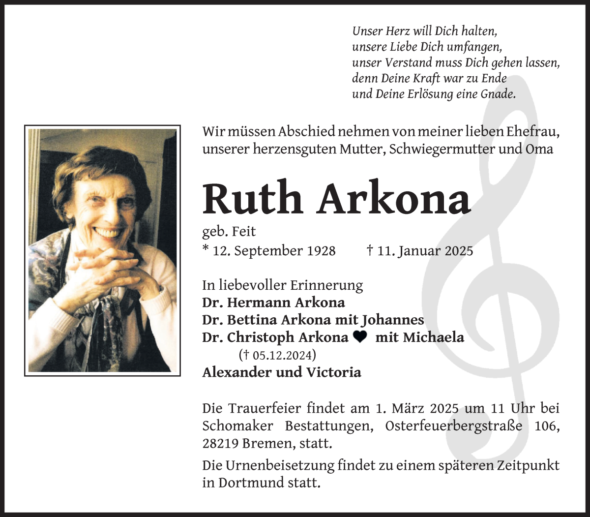 Traueranzeige von Ruth Arkona von WESER-KURIER