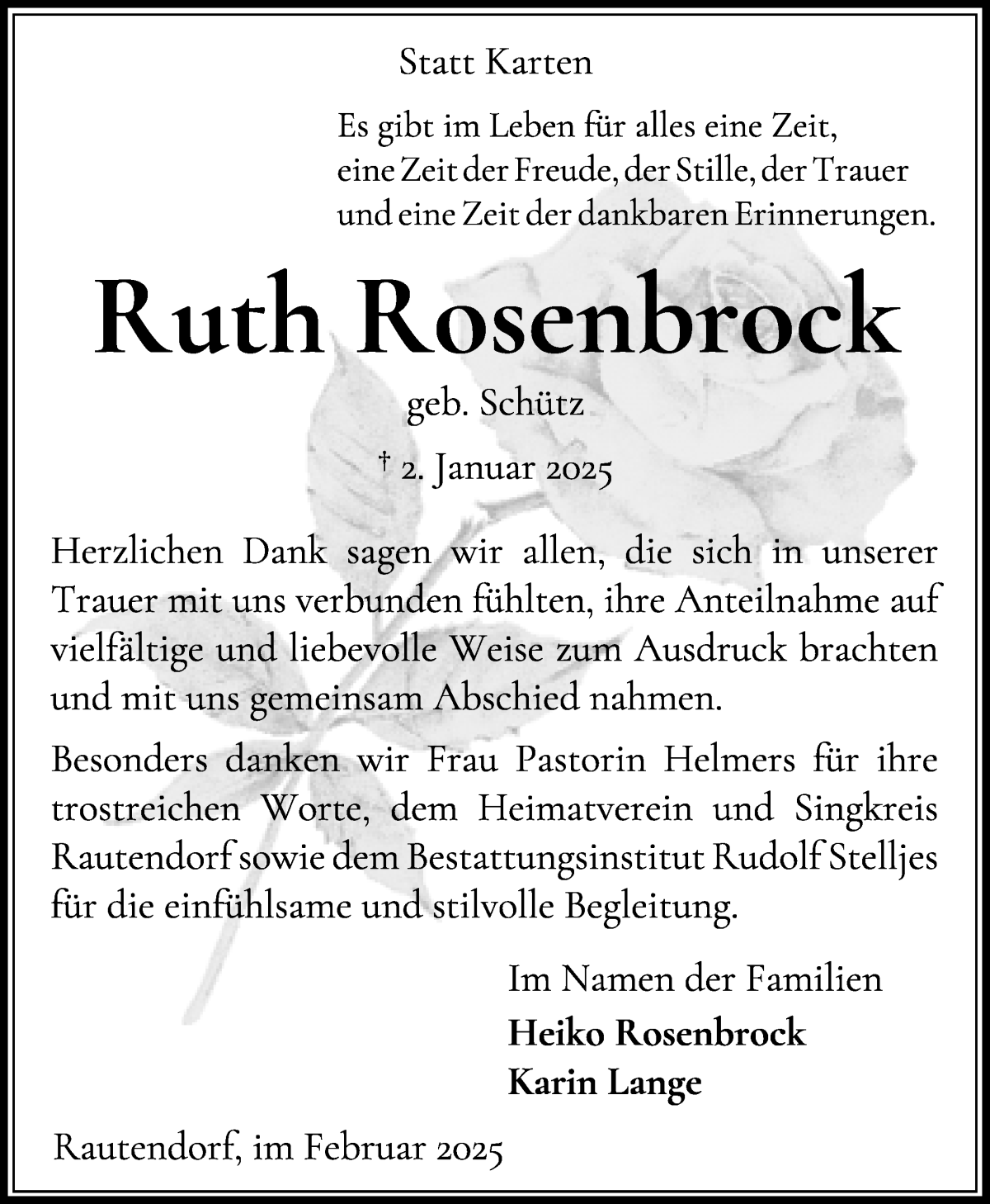 Traueranzeige von Ruth Rosenbrock von Wuemme Zeitung