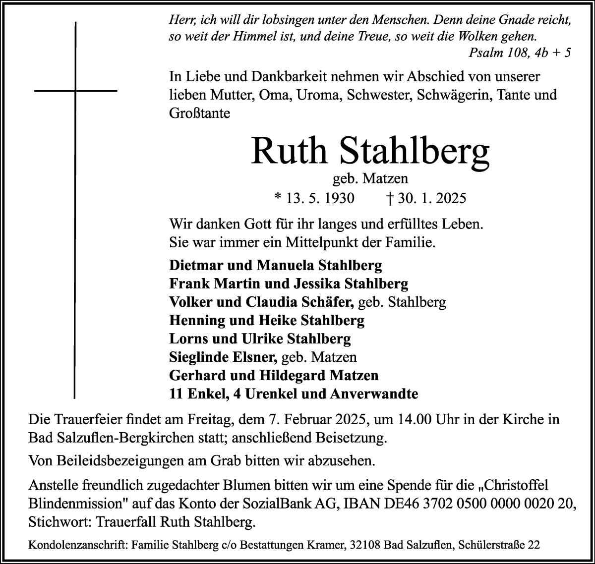 Traueranzeige von Ruth Stahlberg von Wuemme Zeitung