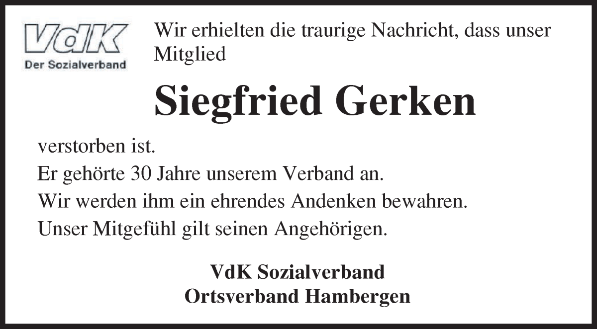 Traueranzeige von Siegfried Gerken von Osterholzer Kreisblatt