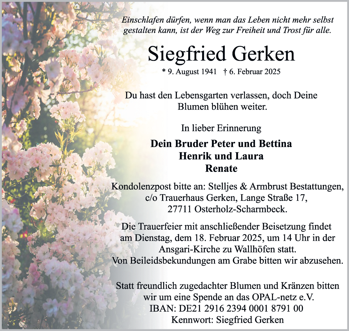 Traueranzeige von Siegfried Gerken von Osterholzer Kreisblatt