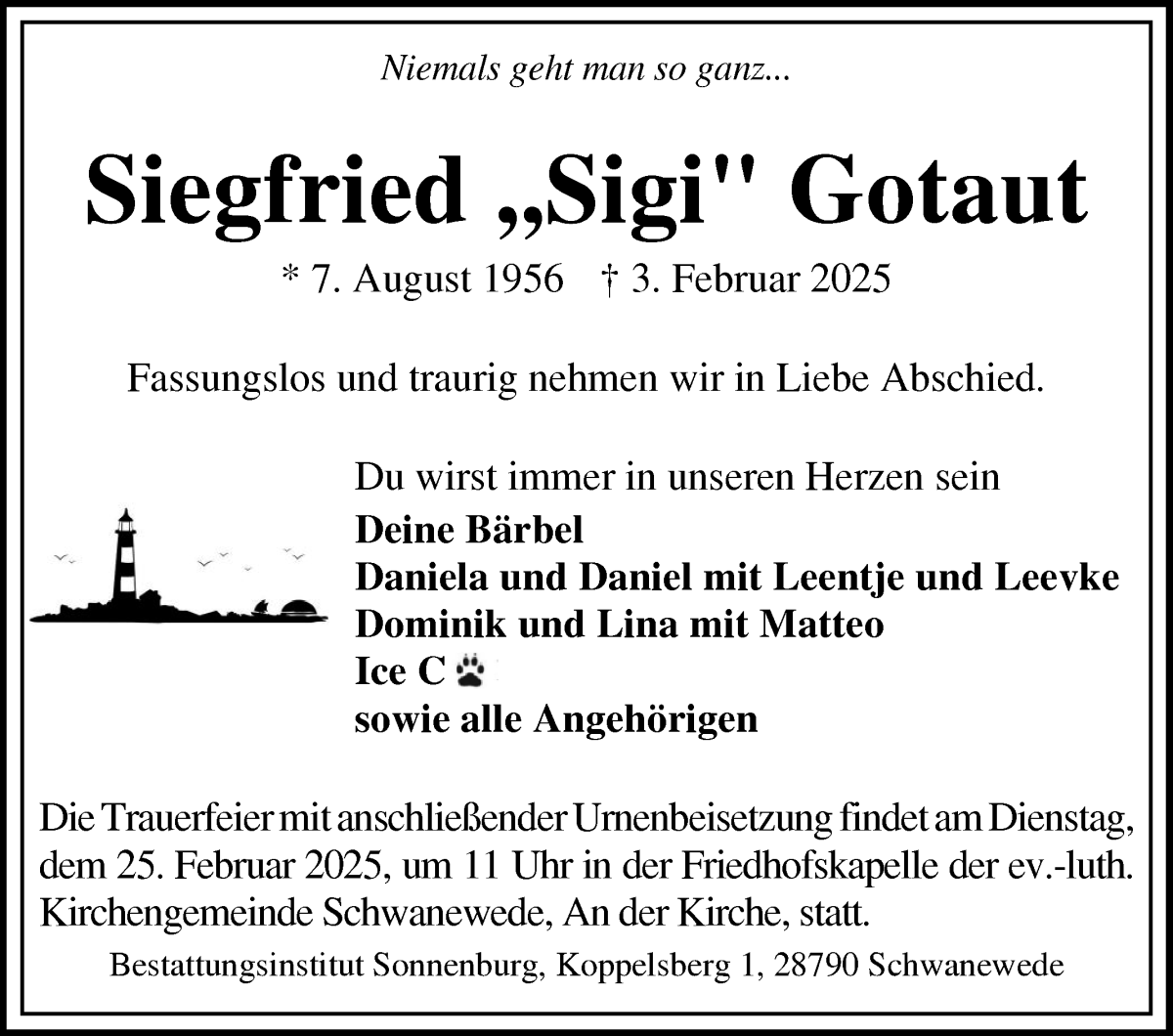 Traueranzeige von Siegfried   Gotaut von WESER-KURIER