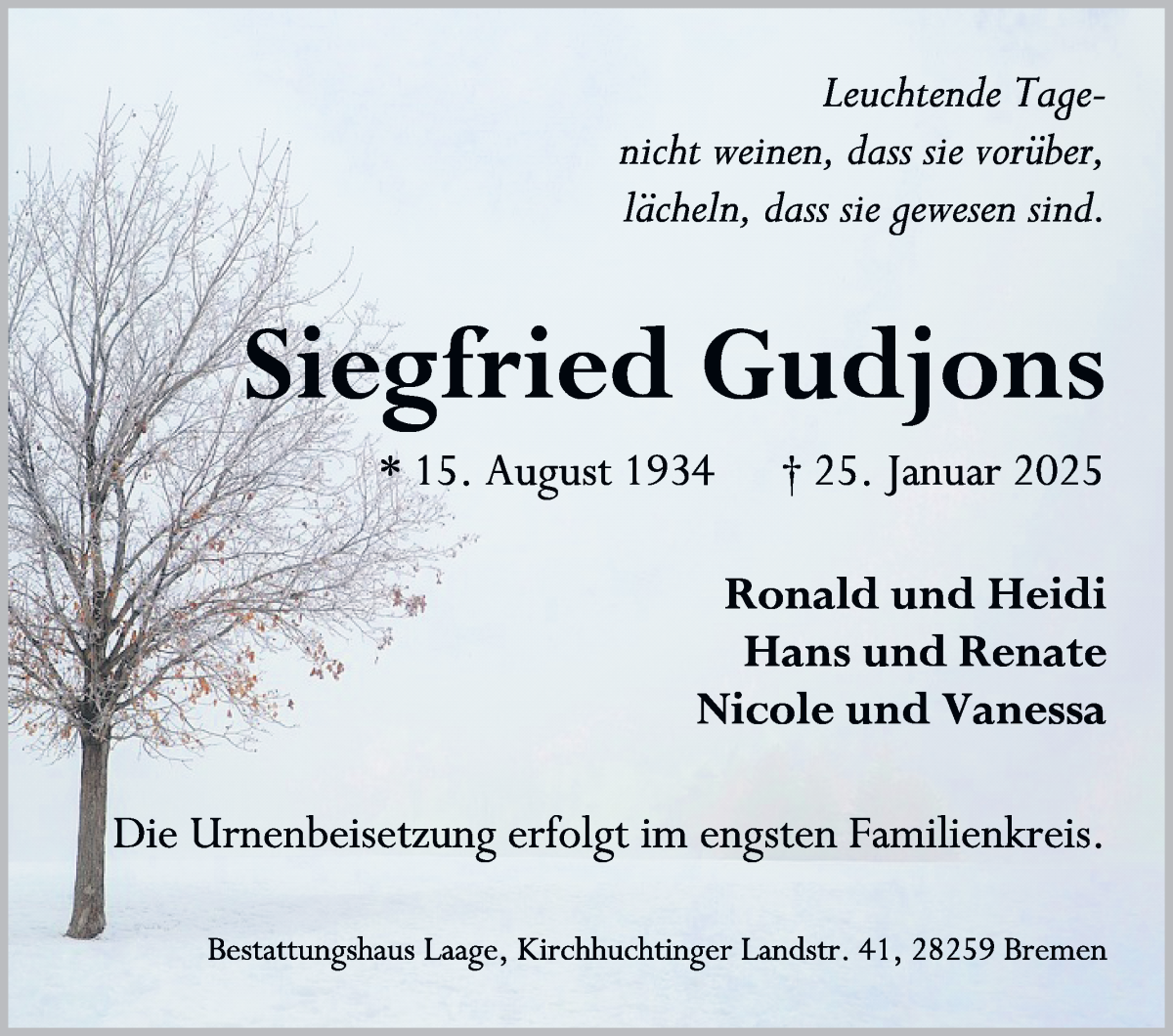 Traueranzeige von Siegfried Gudjons von WESER-KURIER