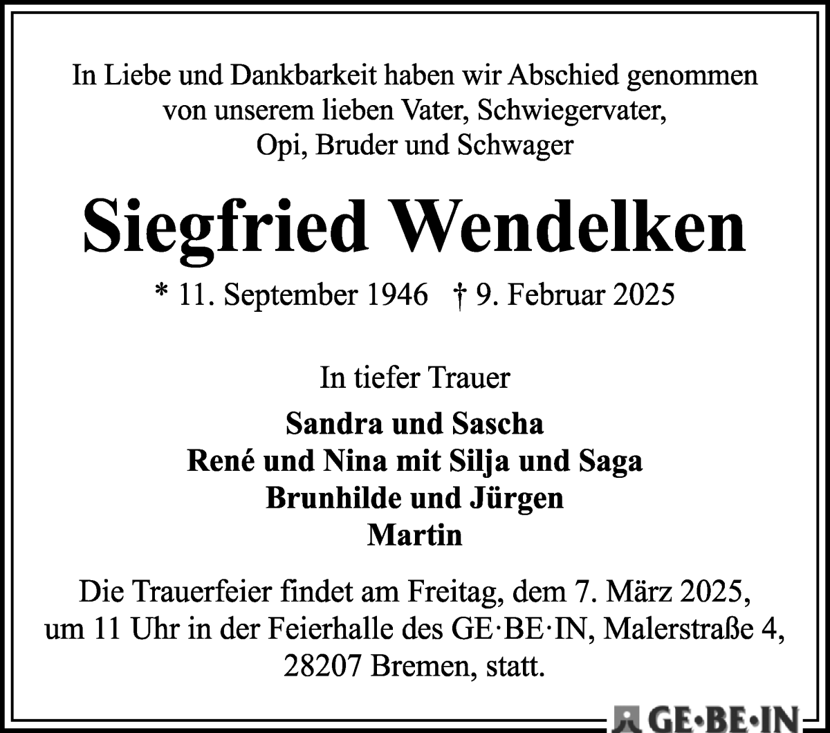 Traueranzeige von Siegfried Wendelken von WESER-KURIER
