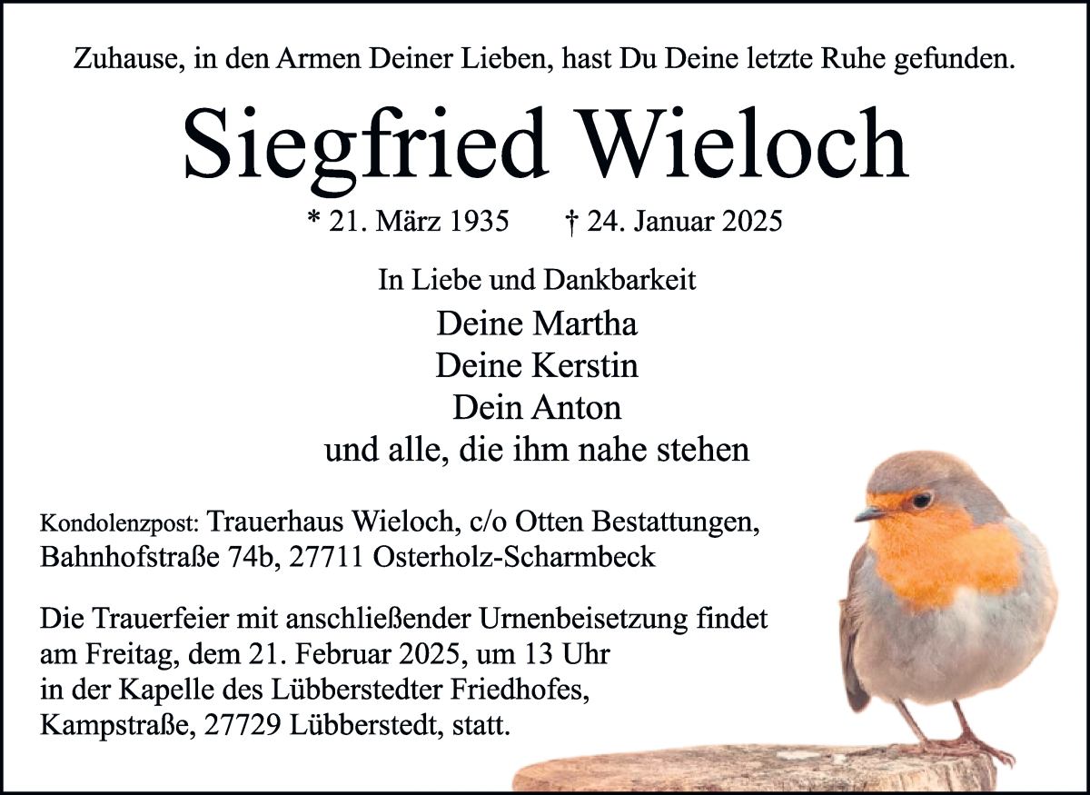 Traueranzeige von Siegfried Wieloch von Osterholzer Kreisblatt