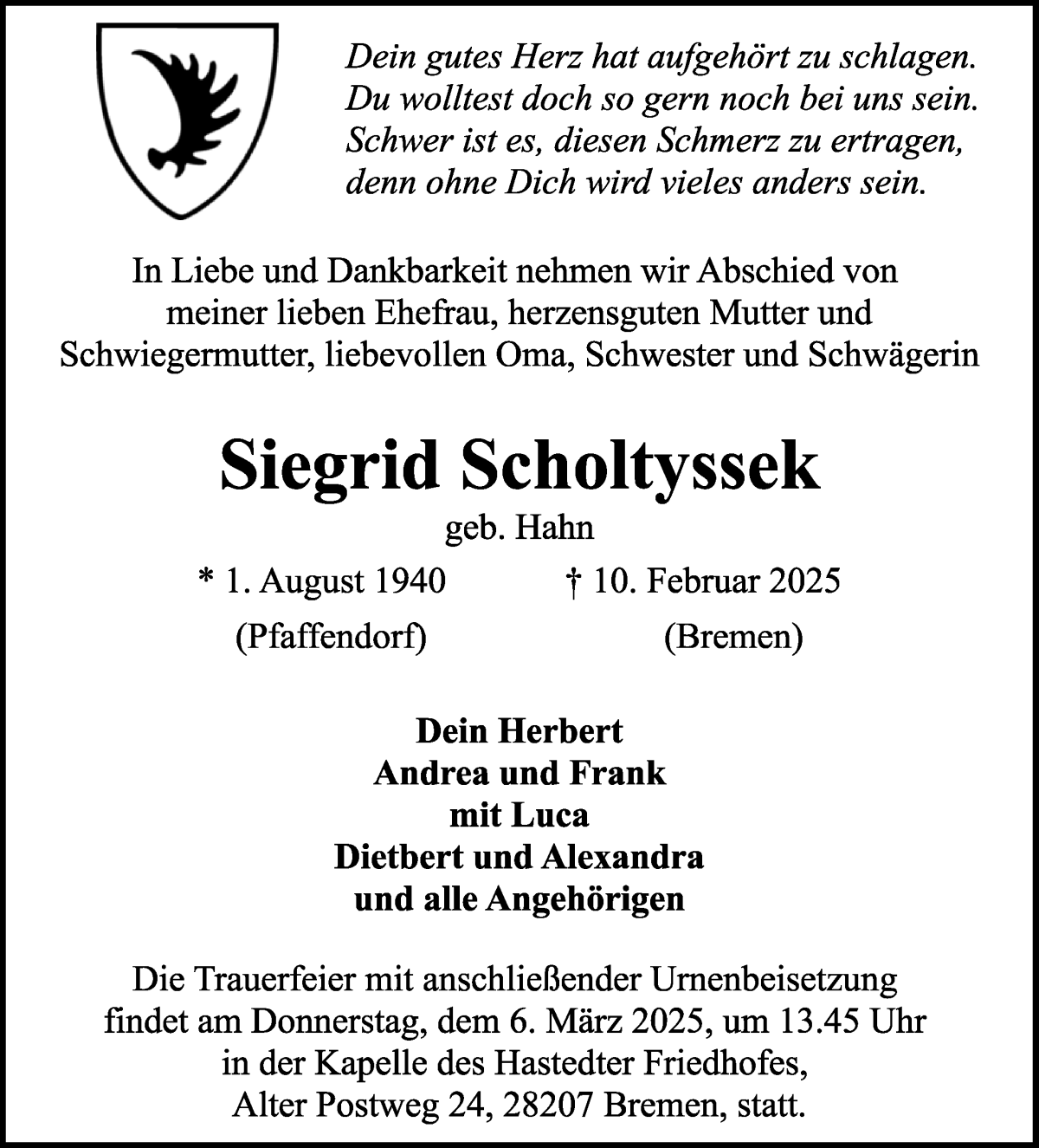 Traueranzeige von Siegrid Scholtyssek von WESER-KURIER