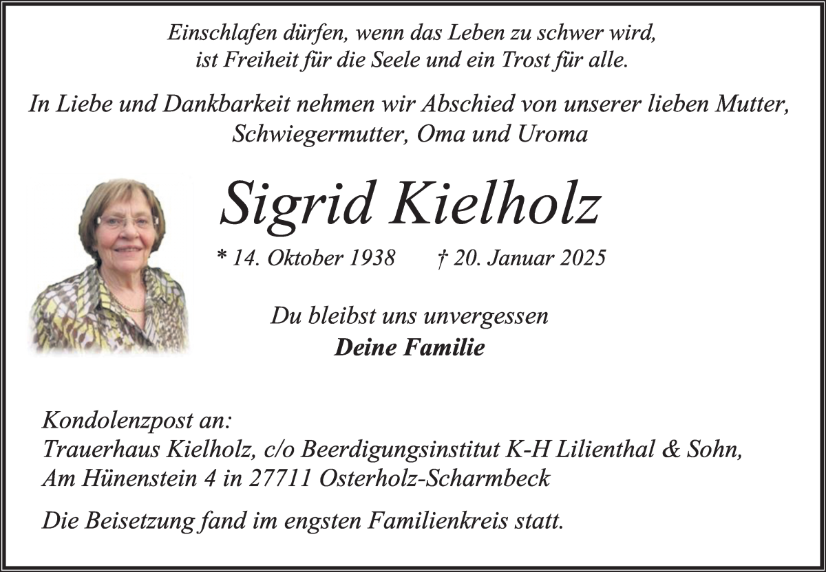 Traueranzeige von Sigrid Kielholz von Osterholzer Kreisblatt