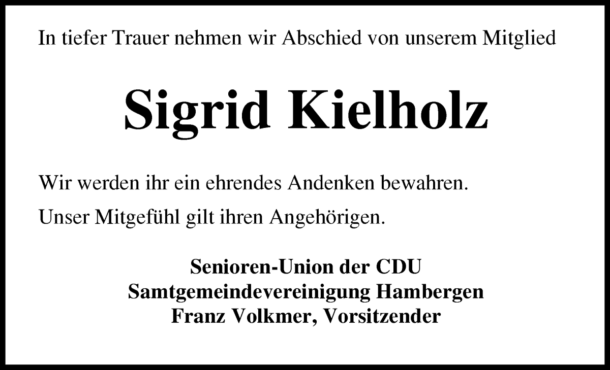 Traueranzeige von Sigrid Kielholz von Osterholzer Kreisblatt