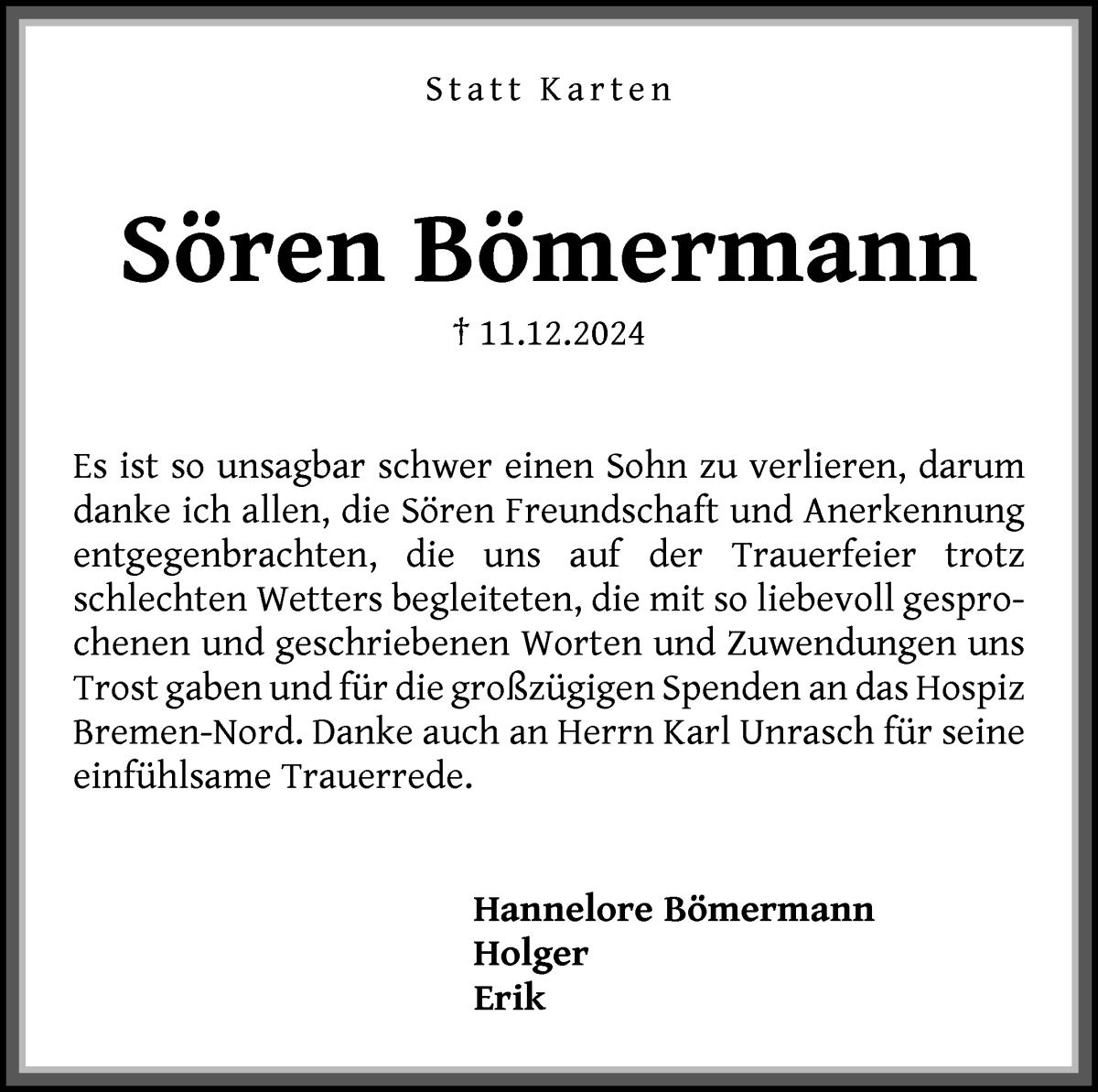 Traueranzeige von Sören Bömermann von Die Norddeutsche