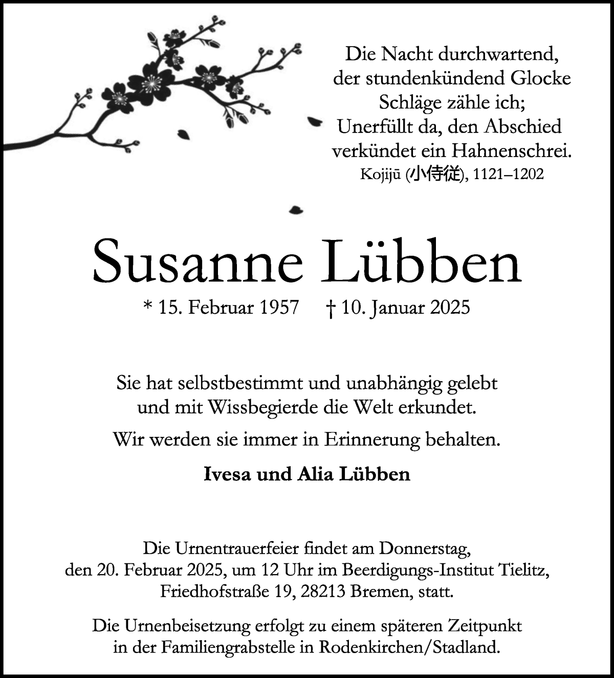Traueranzeige von Susanne Lübben von WESER-KURIER