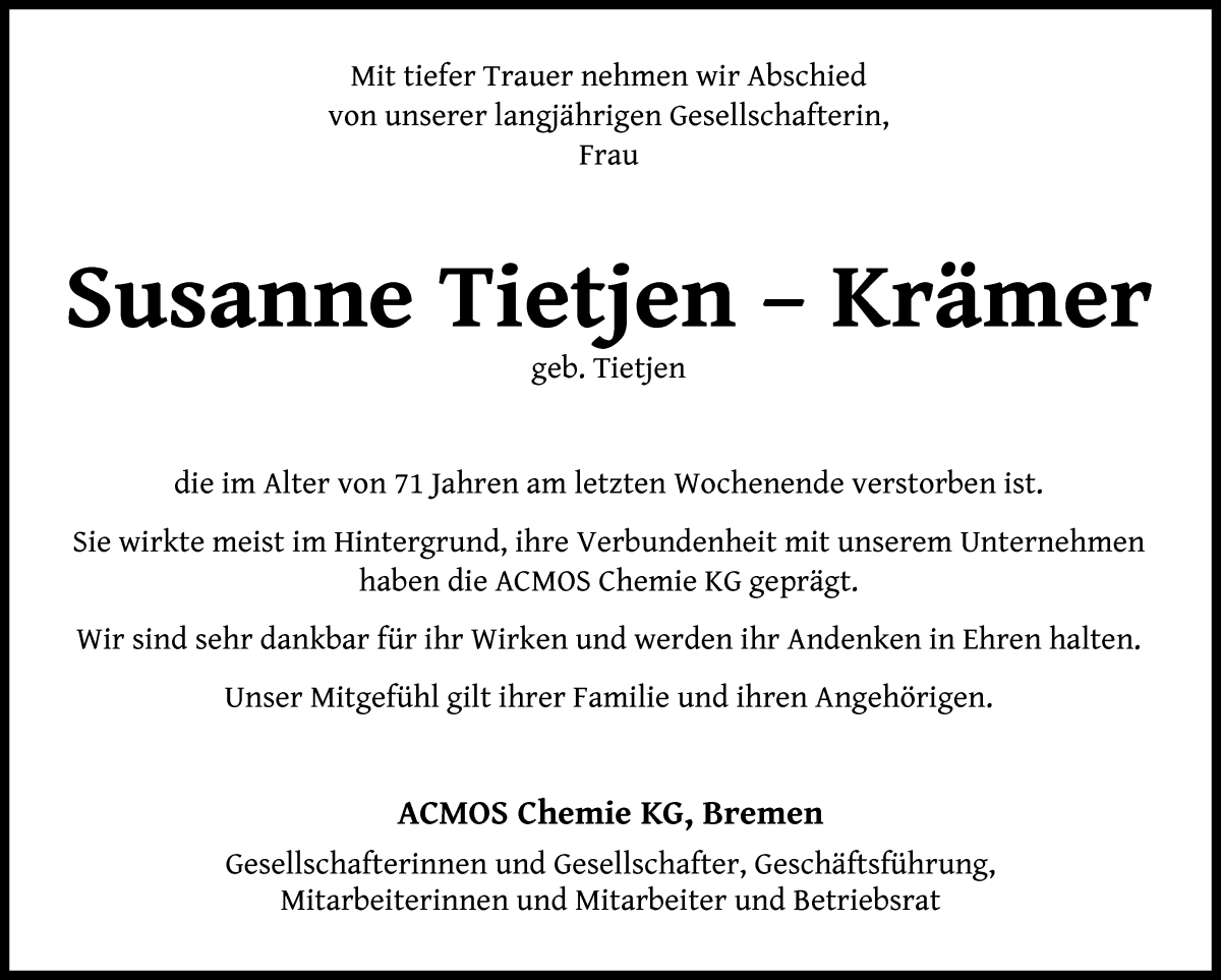 Traueranzeige von Susanne Tietjen-Krämer von WESER-KURIER