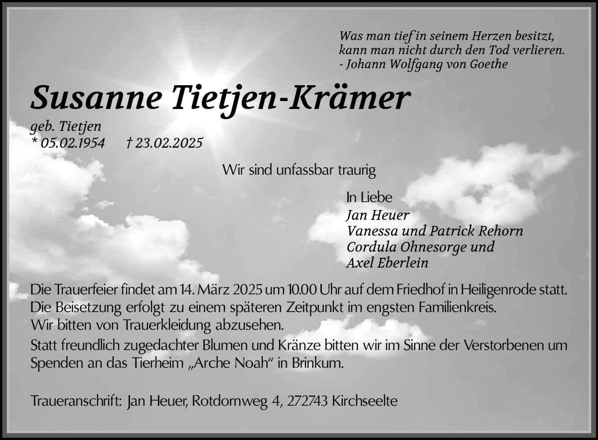Traueranzeige von Susanne Tietjen-Krämer von Delmenhorster Kurier
