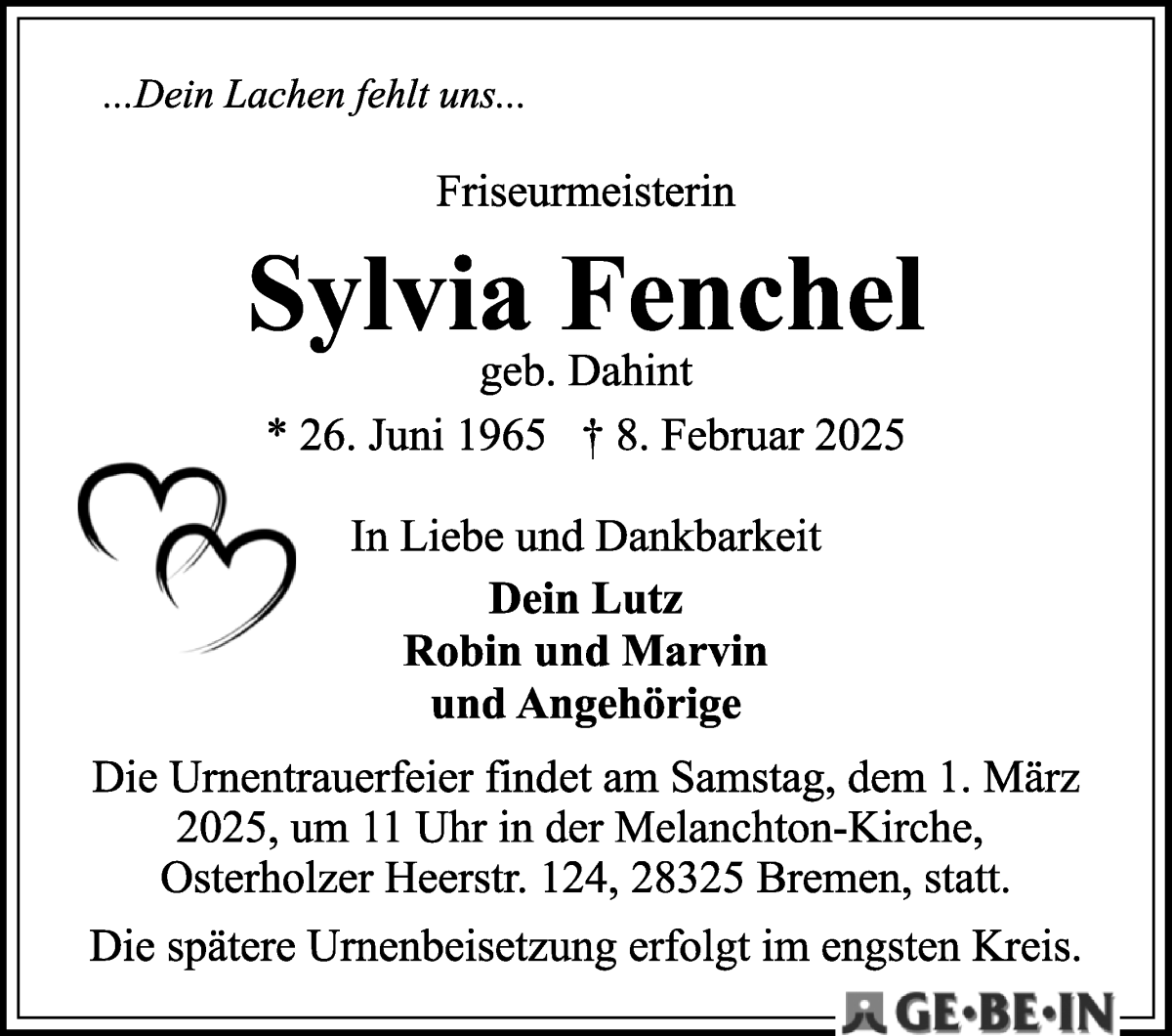 Traueranzeige von Sylvia Tenchel von WESER-KURIER