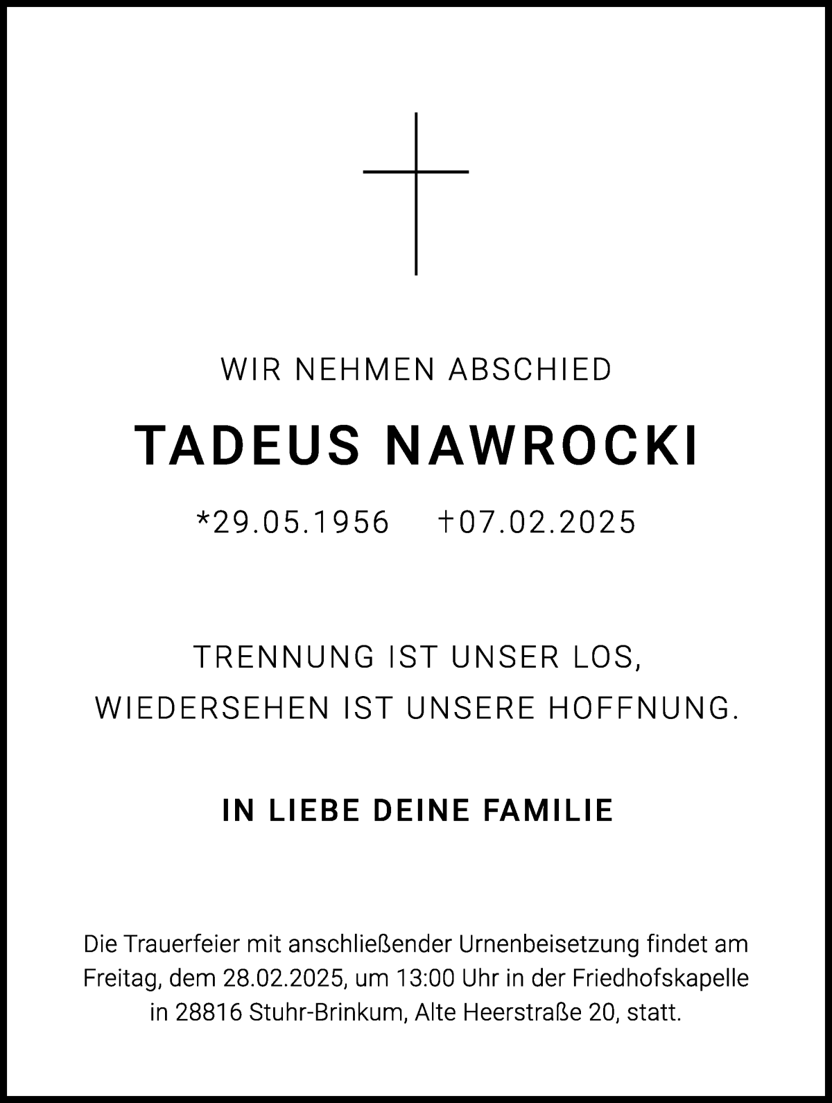 Traueranzeige von Tadeus Nawrocki von Regionale Rundschau/Syker Kurier
