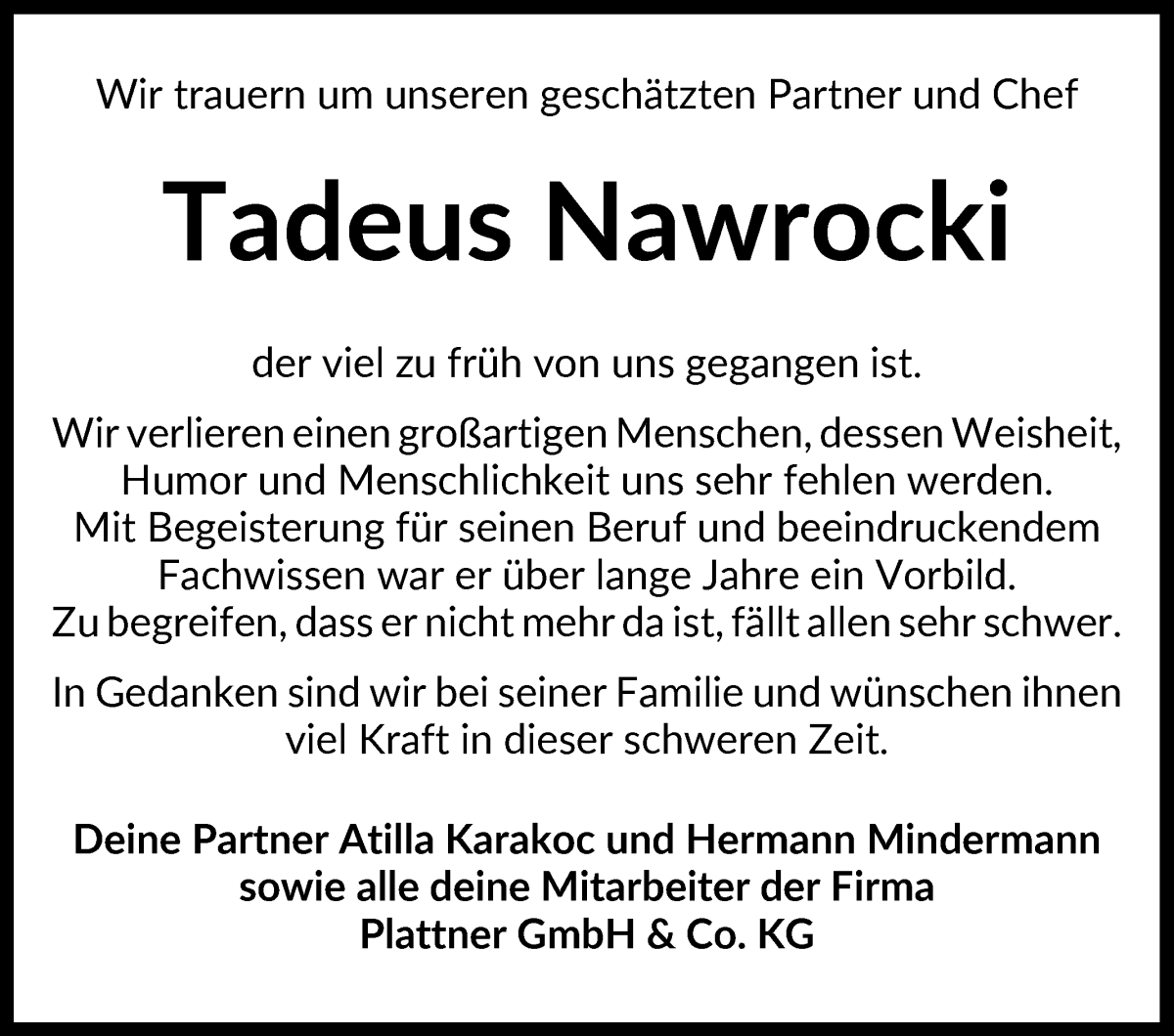 Traueranzeige von Tadeus Nawrocki von Regionale Rundschau/Syker Kurier