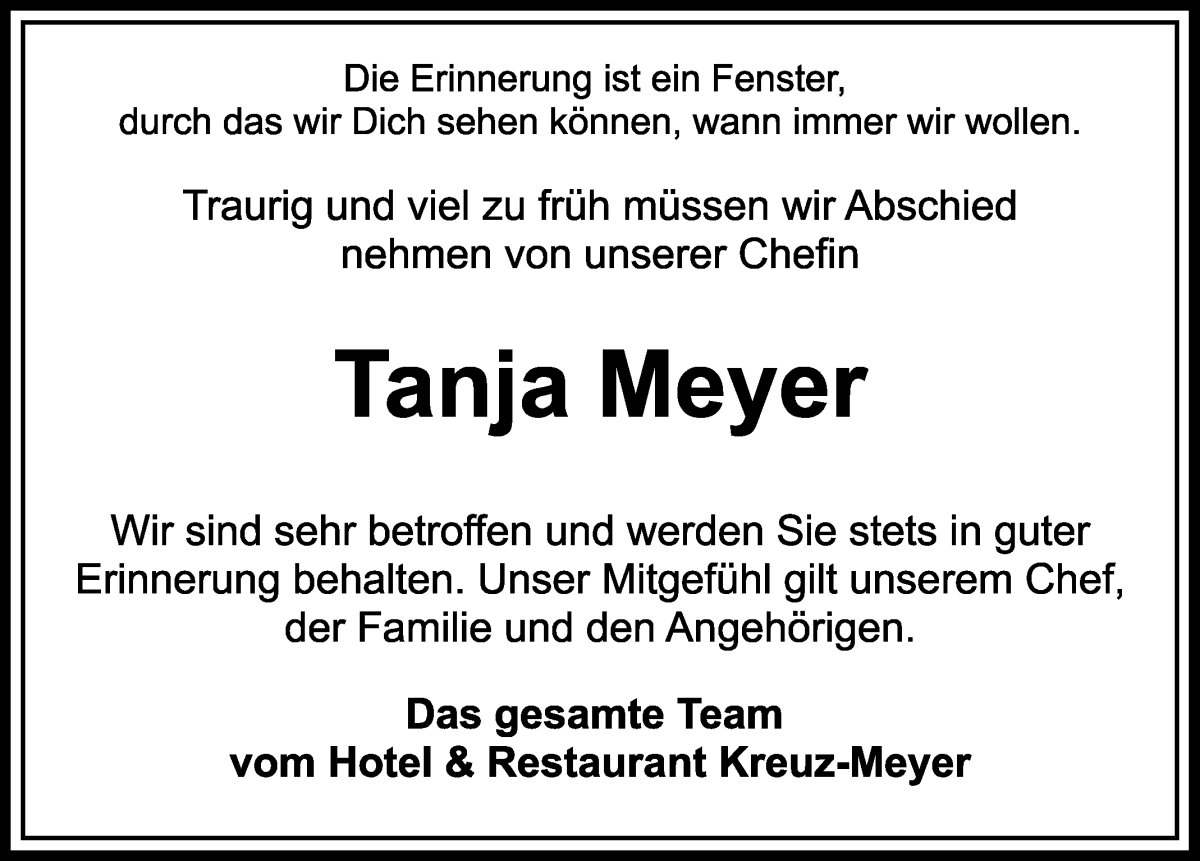 Traueranzeige von Tanja Meyer von Regionale Rundschau/Syker Kurier