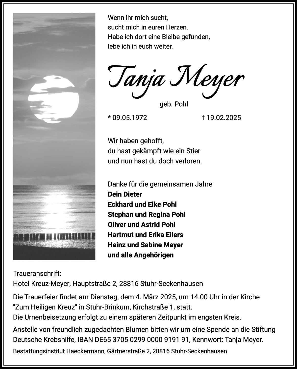 Traueranzeige von Tanja Meyer von Regionale Rundschau/Syker Kurier