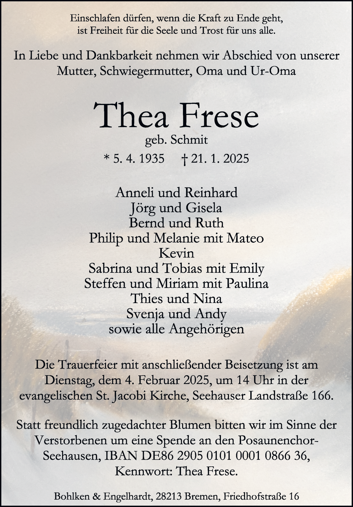 Traueranzeige von Thea Frese von WESER-KURIER