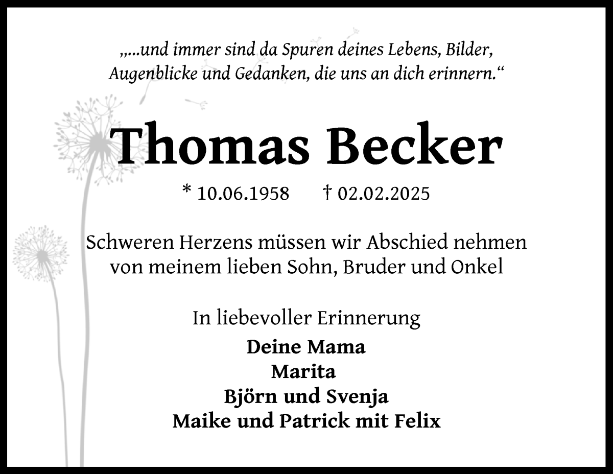 Traueranzeige von Thomas Becker von WESER-KURIER