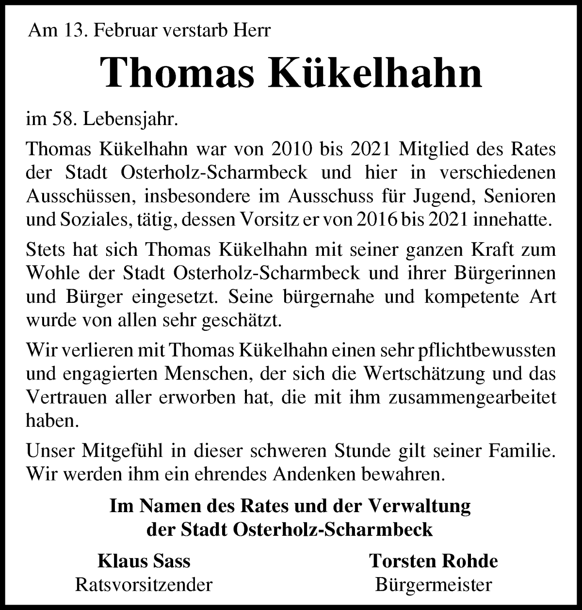 Traueranzeige von Thomas Kükelhahn von Osterholzer Kreisblatt